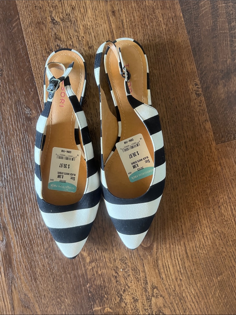 Tesori Black & White Striped Pointed Slingback Mules